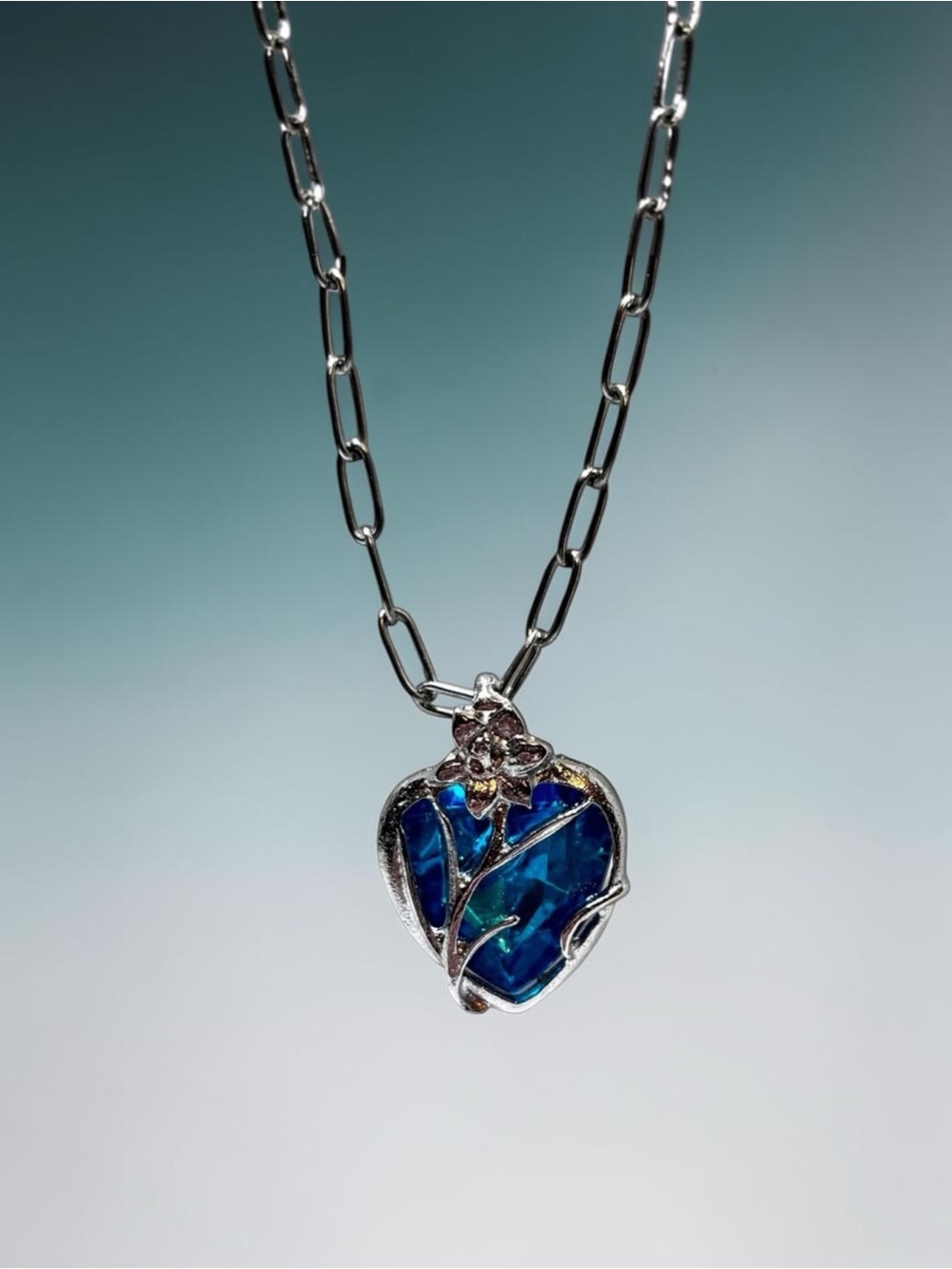 New Silver Blue Heart Pendant Necklace - Women Jewelry